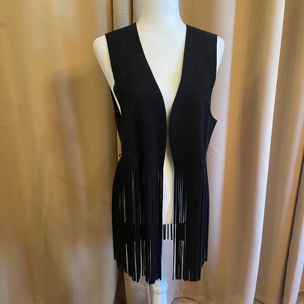 Diane Von Furstenberg Black Leather/Suede Fringed Vest Size Medium